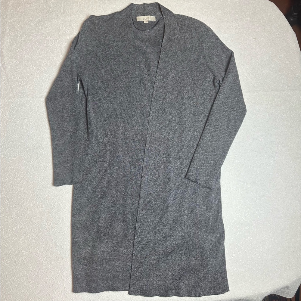 LOFT Gray Ribbed Knit Long Cardigan